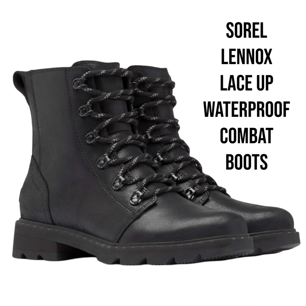 Sorel Lennox Lace Up Black Leather Combat Boots